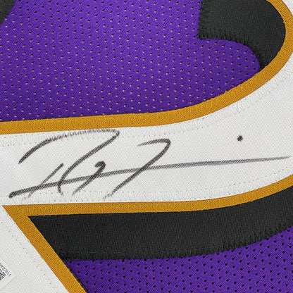 Framed Autographed/Signed Ray Lewis 35x39 Baltimore Purple Football Jersey JSA COA