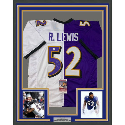 Framed Autographed/Signed Ray Lewis 35x39 Baltimore Split Purple White Football Jersey JSA COA