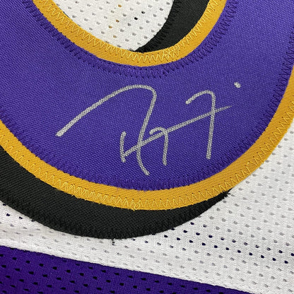 Framed Autographed/Signed Ray Lewis 35x39 Baltimore Split Purple White Football Jersey JSA COA