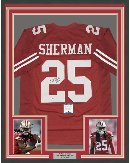 Framed Autographed/Signed Richard Sherman 35x39 San Francisco Red Football Jersey Beckett BAS COA