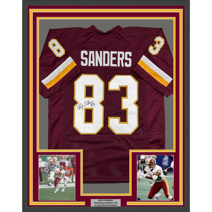Framed Autographed/Signed Ricky Sanders 35x39 Washington Burgundy Football Jersey JSA COA