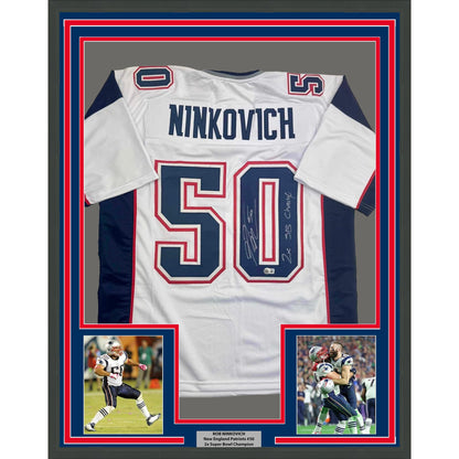 Framed Autographed/Signed Rob Ninkovich "2x SB Champ" 35x39 New England White Football Jersey Beckett BAS COA