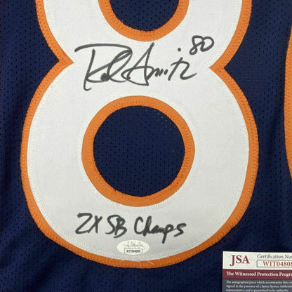 Framed Autographed/Signed Rod Smith 2x SB Champ 35x39 Denver Blue Football Jersey JSA COA