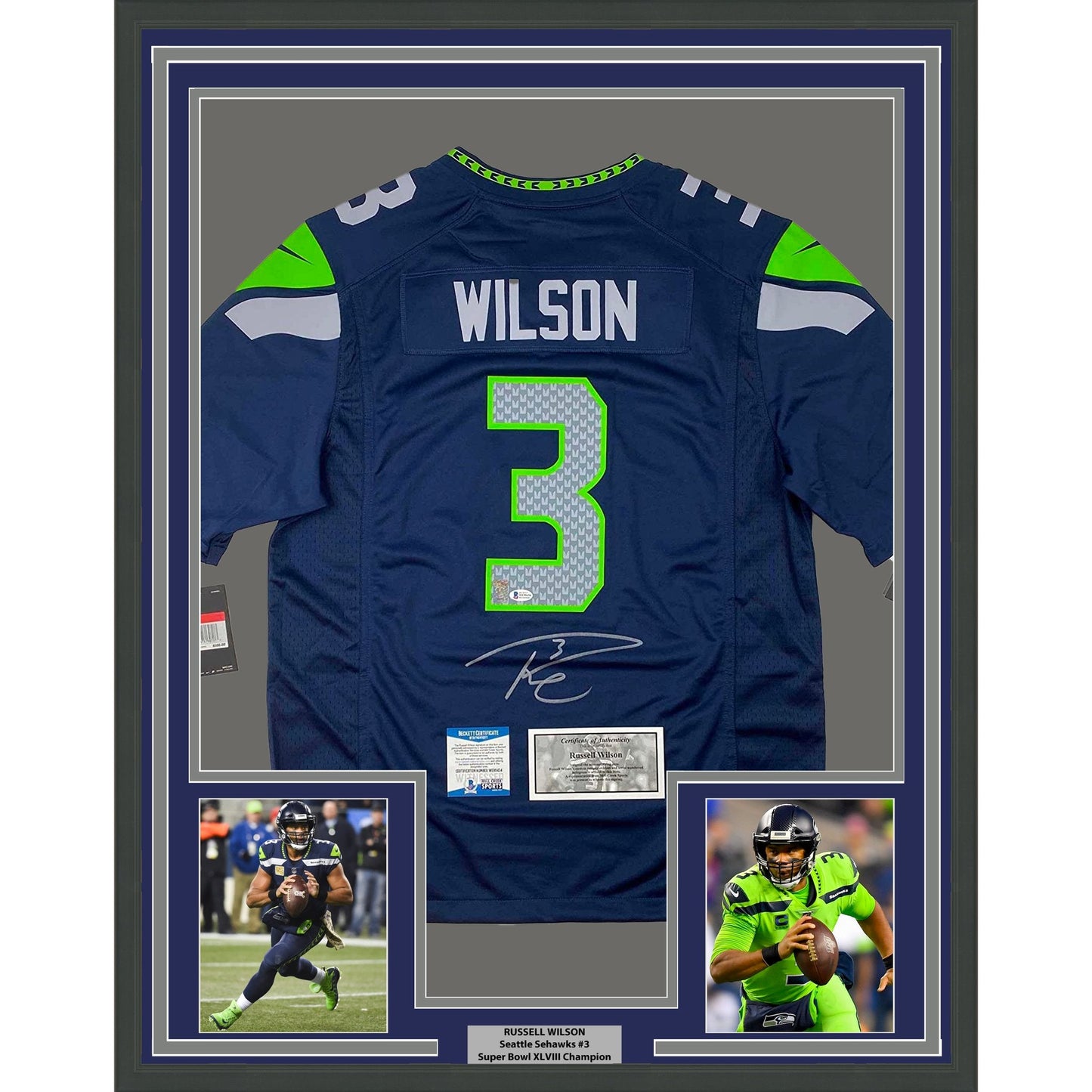 Framed Autographed/Signed Russell Wilson 35x39 Seattle Seahawks Blue Authentic Football Jersey Beckett BAS COA