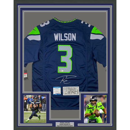Framed Autographed/Signed Russell Wilson 35x39 Seattle Seahawks Blue Authentic Football Jersey Beckett BAS COA