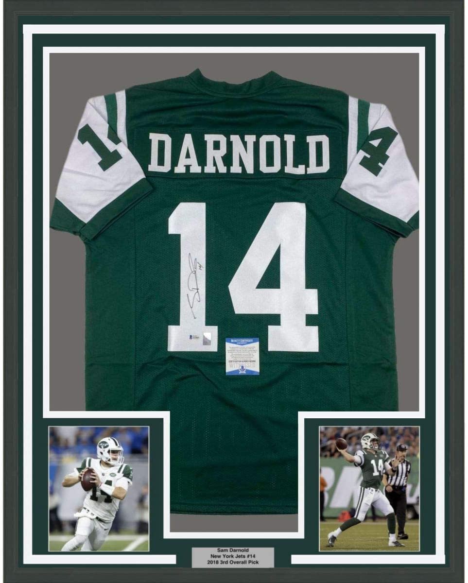 Framed Autographed/Signed Sam Darnold 35x39 New York Green Rookie Football Jersey Beckett BAS COA