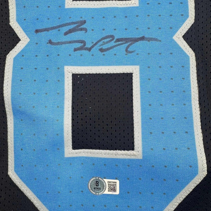 Framed Autographed/Signed Sam LaPorta 35x39 Detroit Black Football Jersey Beckett BAS COA
