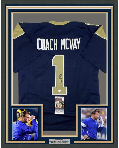 Framed Autographed/Signed Sean McVay 35x39 Los Angeles LA Dark Blue Football Jersey Beckett BAS COA