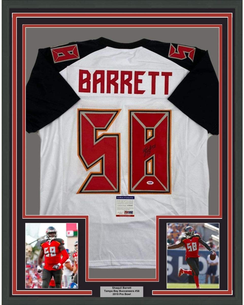 Framed Autographed/Signed Shaquil Barrett 35x39 Tampa Bay White Football Jersey PSA/DNA COA