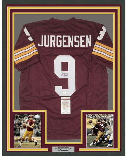 Framed Autographed/Signed Sonny Jurgensen HOF 83 35x39 Washington Burgundy Football Jersey JSA COA
