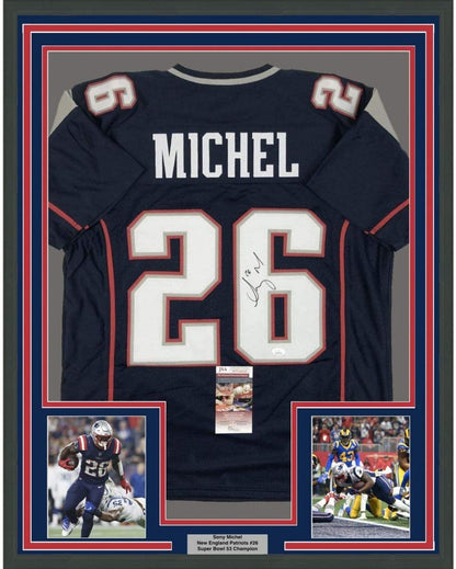Framed Autographed/Signed Sony Michel 35x39 New England Blue Football Jersey JSA COA