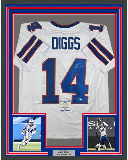 Framed Autographed/Signed Stefon Diggs 35x39 Buffalo White Football Jersey Beckett BAS COA