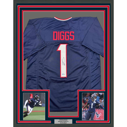 Framed Autographed/Signed Stefon Diggs 35x39 Houston Blue Football Jersey Beckett BAS COA