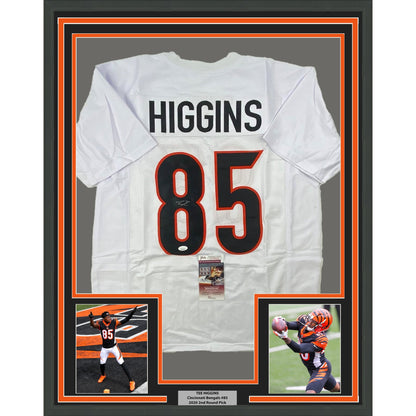 Framed Autographed/Signed Tee Higgins 35x39 Cincinnati White Football Jersey JSA COA
