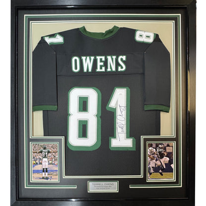 Framed Autographed/Signed Terrell Owens 35x39 Philadelphia Black Football Jersey JSA COA