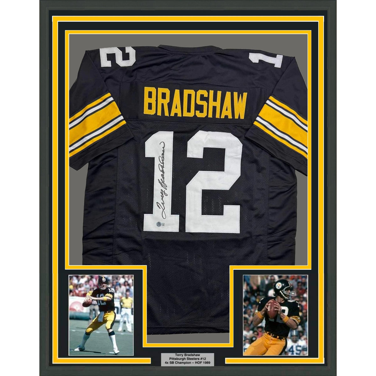 Framed Autographed/Signed Terry Bradshaw 35x39 Pittsburgh Black Football Jersey Beckett BAS COA