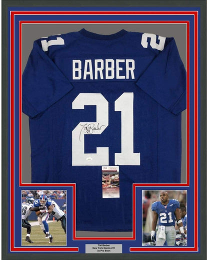 Framed Autographed/Signed Tiki Barber 35x39 New York Blue Football Jersey JSA COA