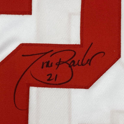 Framed Autographed/Signed Tiki Barber 35x39 New York White Football Jersey JSA COA