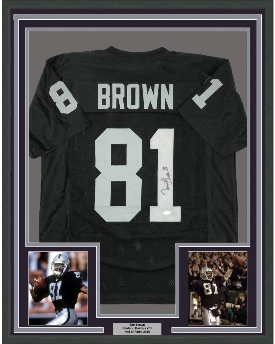 Framed Autographed/Signed Tim Brown 35x39 Oakland Black Football Jersey JSA COA Holo Only