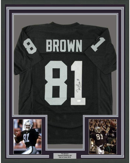 Framed Autographed/Signed Tim Brown 35x39 Oakland Black Football Jersey JSA COA Holo Only