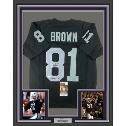 Framed Autographed/Signed Tim Brown 35x39 Raider 4 Life Oakland Black Football Jersey JSA COA