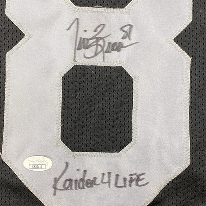 Framed Autographed/Signed Tim Brown 35x39 Raider 4 Life Oakland Black Football Jersey JSA COA