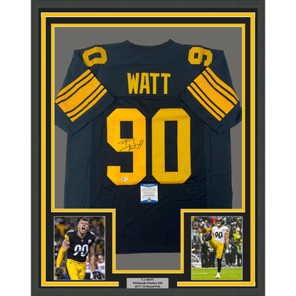 Framed Autographed/Signed TJ T.J. Watt 35x39 Pittsburgh Color Rush Football Jersey Beckett BAS COA