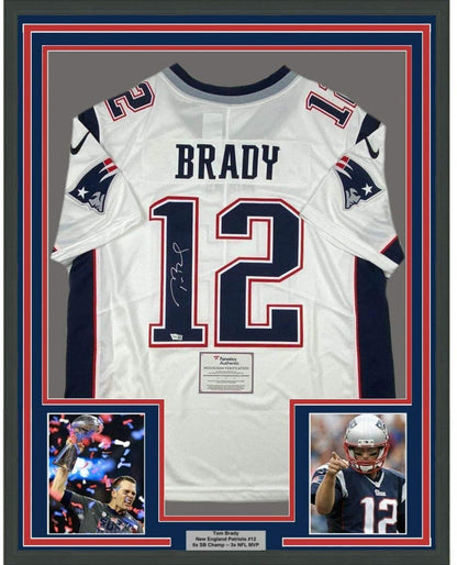 Framed Autographed/Signed Tom Brady 35x39 New England Patriots White Authentic Nike Limited Football Jersey Fanatics COA
