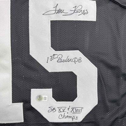 Framed Autographed/Signed Tom Flores 35x39 Las Vegas Oakland Black Football Jersey Beckett BAS COA