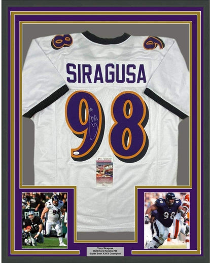 Framed Autographed/Signed Tony Siragusa 35x39 Baltimore White Football Jersey JSA COA