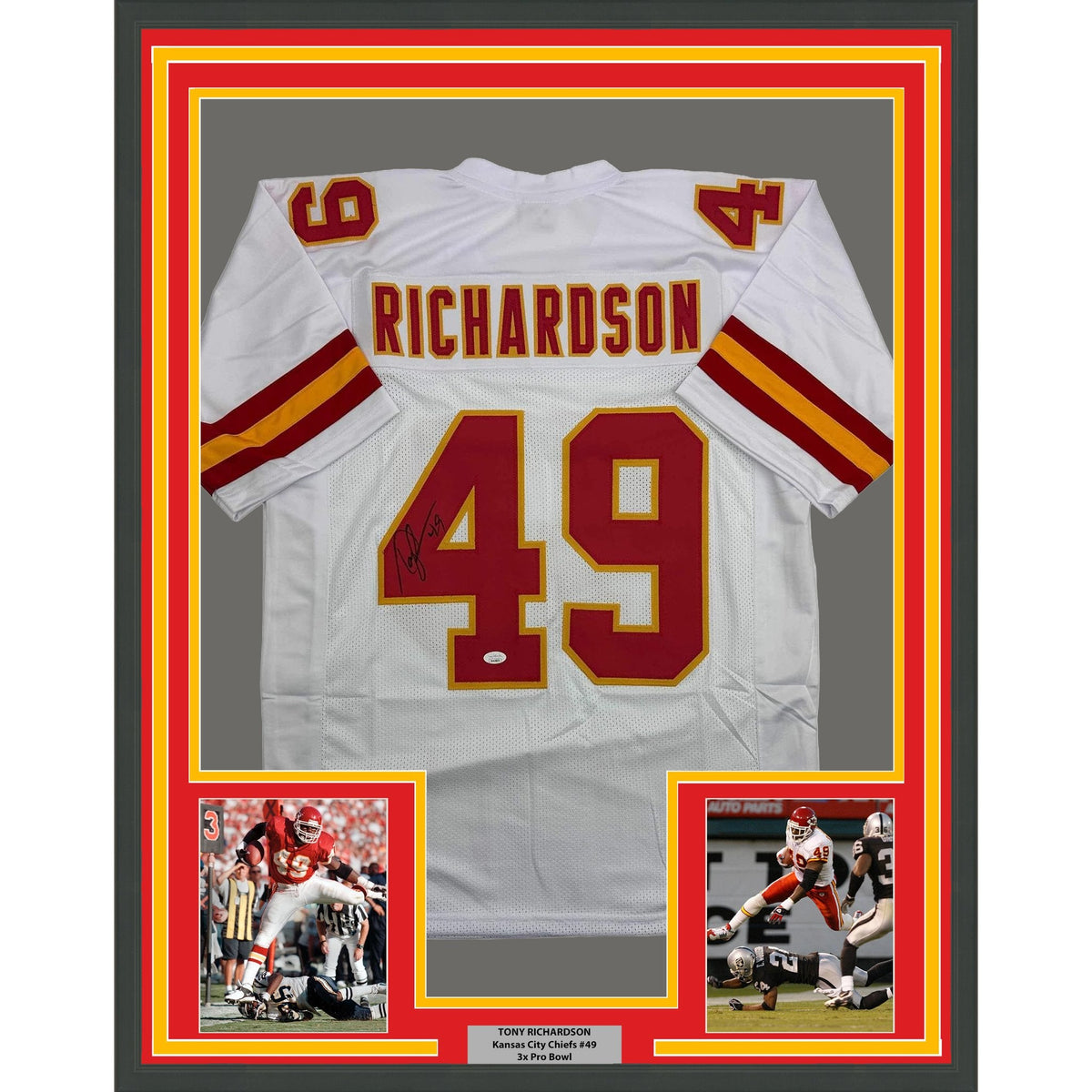 Framed Autographed/Signed Tony Richardson 35x39 Kansas City White Football Jersey JSA COA