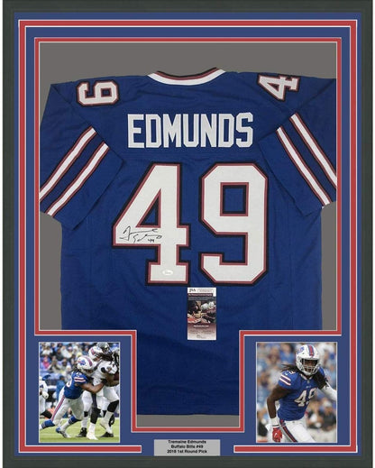 Framed Autographed/Signed Tremaine Edmunds 35x39 Buffalo Blue Football Jersey JSA COA