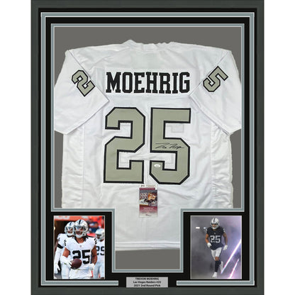 Framed Autographed/Signed Trevon Moehrig 35x39 Las Vegas Oakland White Color Rush Football Jersey JSA COA