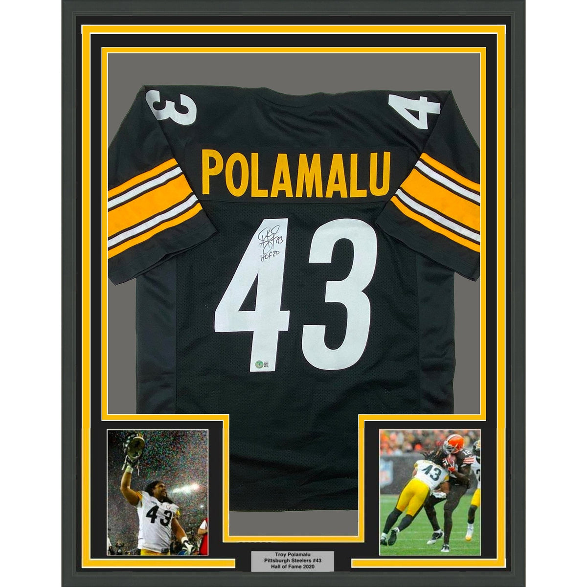 Framed Autographed/Signed Troy Polamalu 35x39 HOF 20 Pittsburgh Black Football Jersey Beckett BAS COA