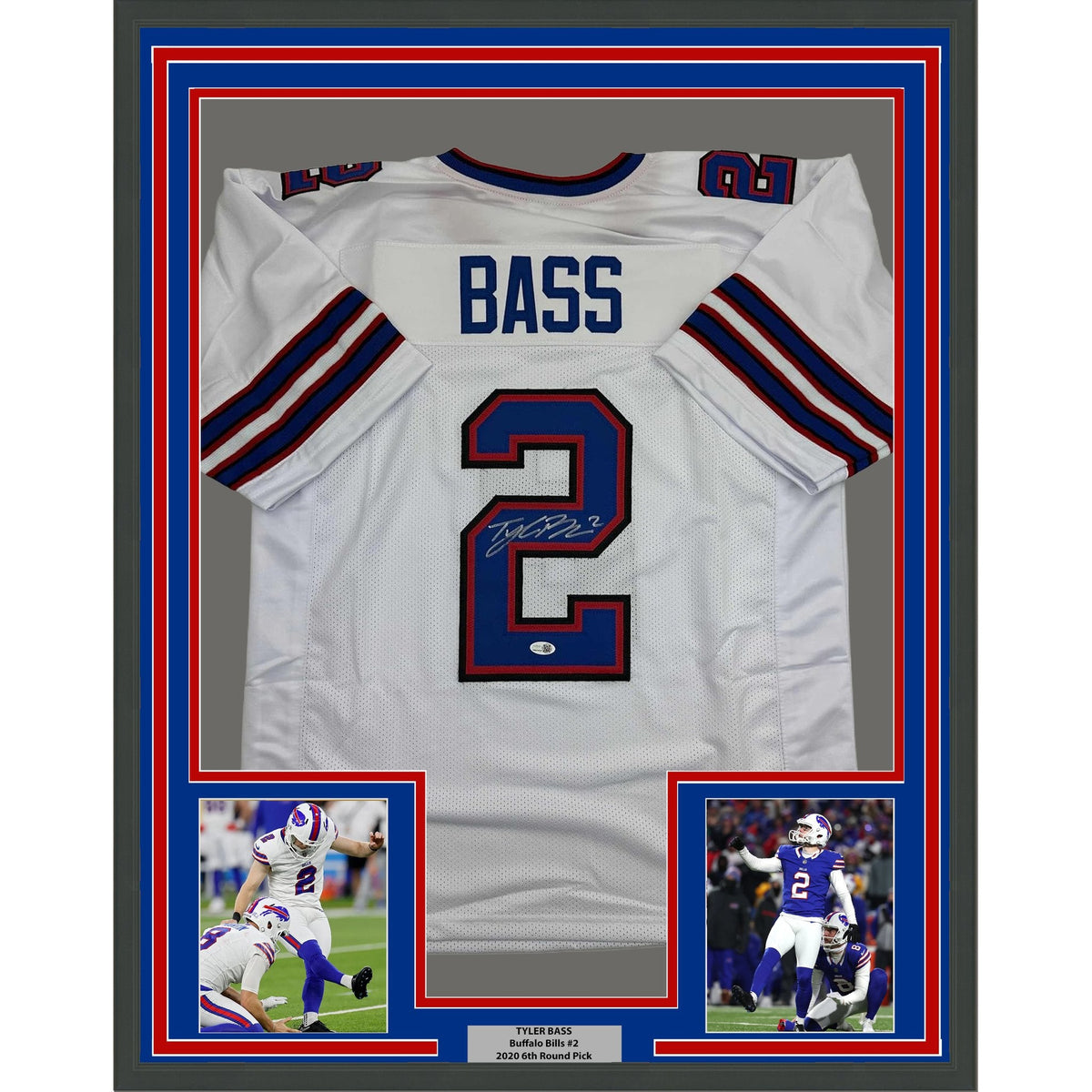 Framed Autographed/Signed Tyler Bass 35x39 Buffalo White Football Jersey JSA COA