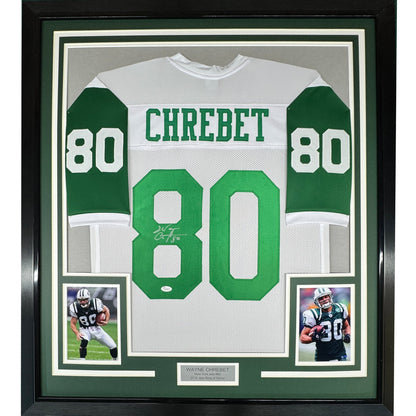 Framed Autographed/Signed Wayne Chrebet 35x39 New York White Football Jersey JSA COA