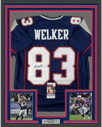 Framed Autographed/Signed Wes Welker 35x39 New England Blue Football Jersey JSA COA