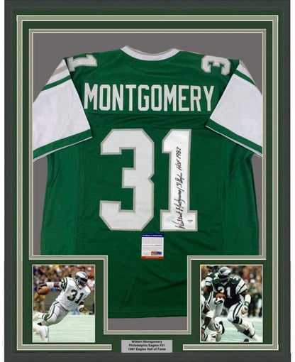 Framed Autographed/Signed Wilbert Montgomery Inscribed 35x39 Philadelphia Green Football Jersey PSA/DNA COA