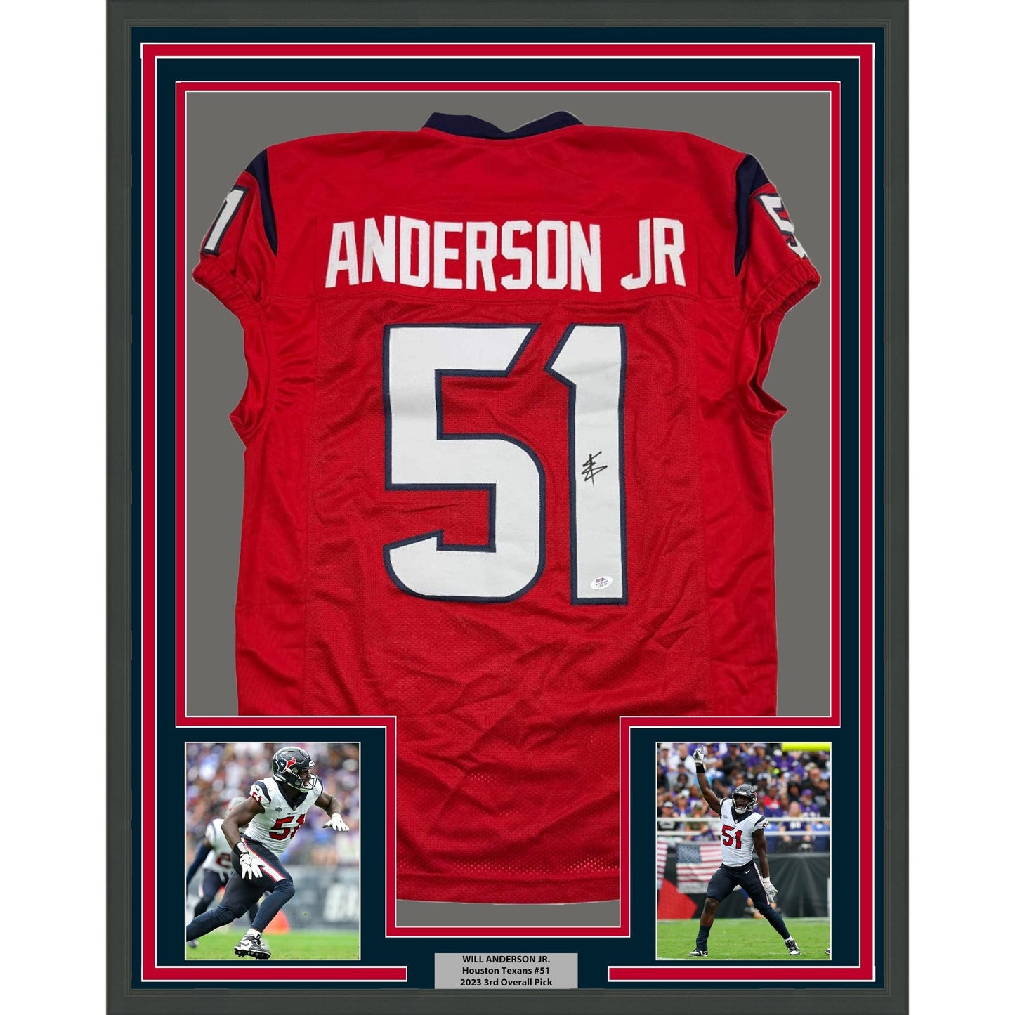 Framed Autographed/Signed Will Anderson Jr. 35x39 Houston Red Football Jersey PSA/DNA COA
