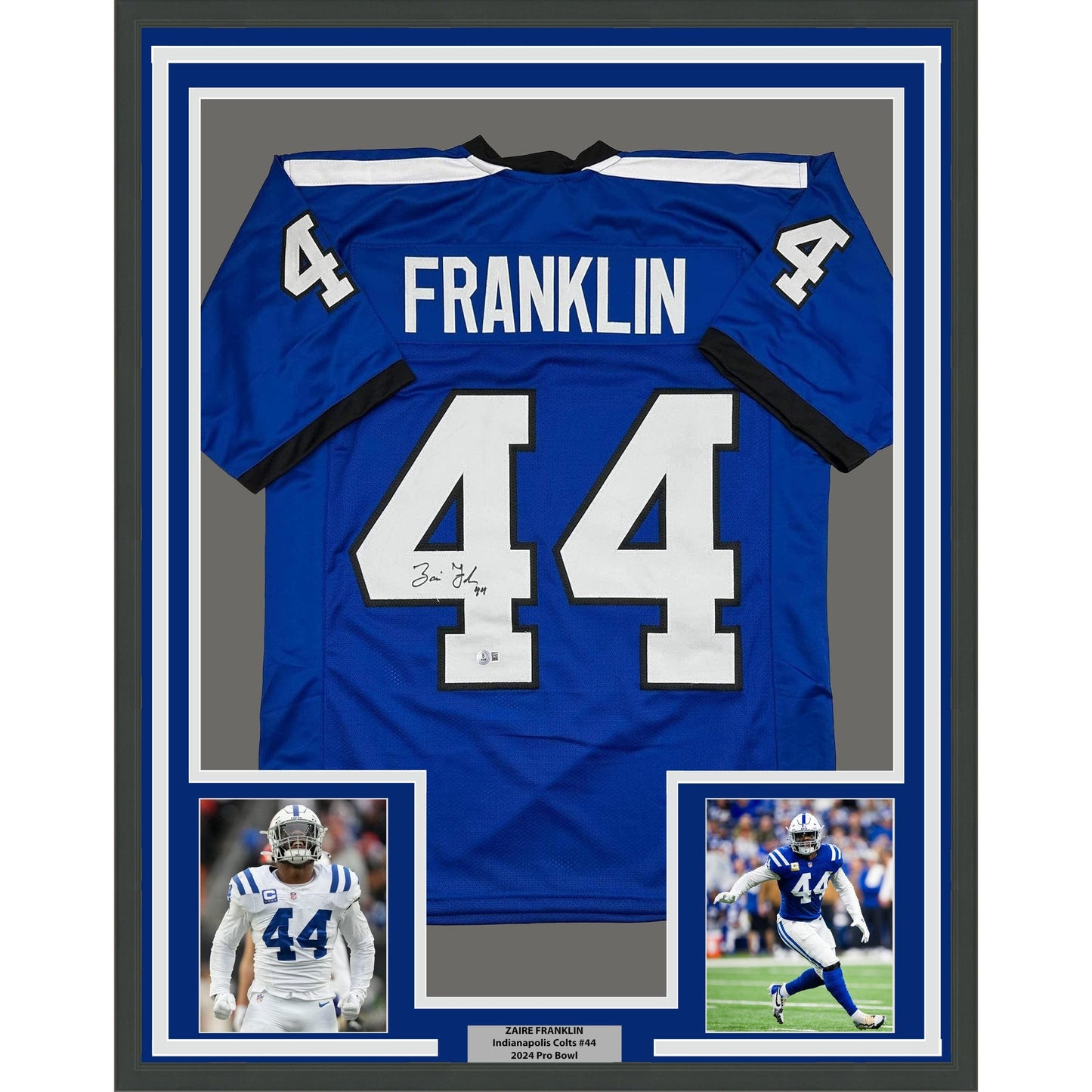 Framed Autographed/Signed Zaire Franklin 35x39 Indianapolis 2025 Style Blue Football Jersey Beckett BAS COA