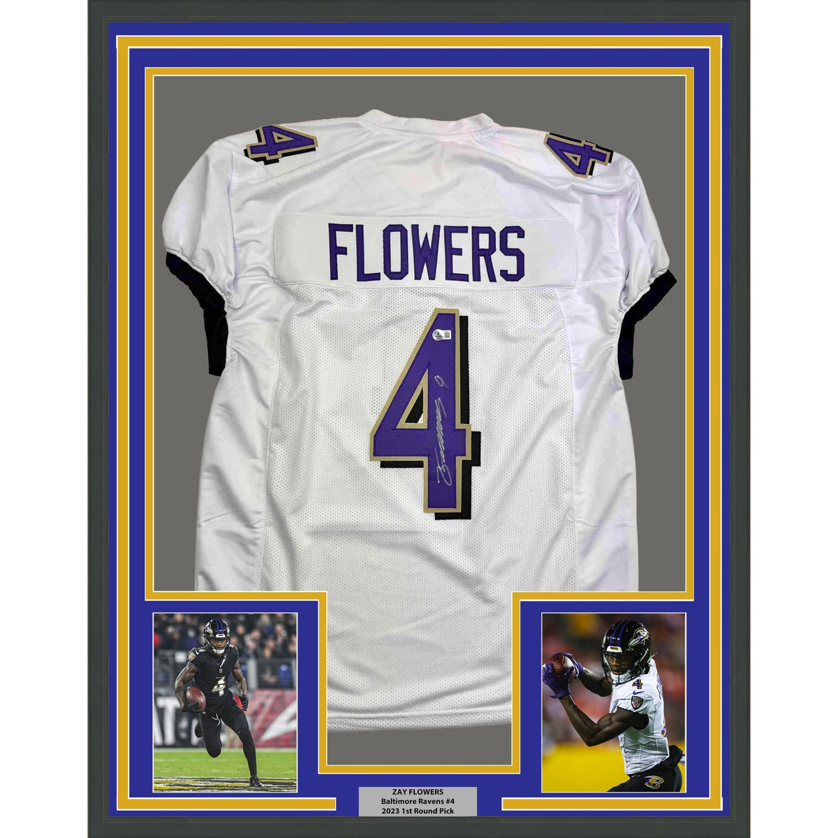 Framed Autographed/Signed Zay Flowers 35x39 Baltimore White Football Jersey Beckett BAS COA