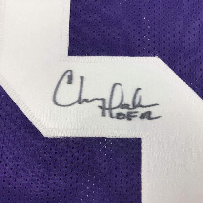 Framed Autographed/Signed Chris Doleman HOF 12 35x39 Minnesota Purple Football Jersey JSA COA