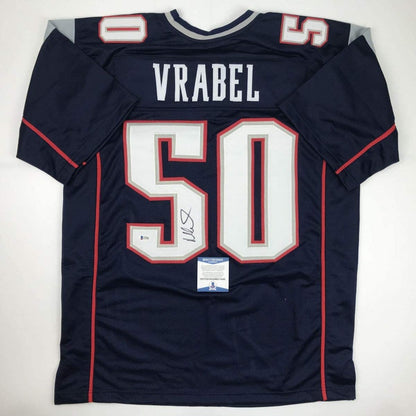 Autographed/Signed Mike Vrabel New England Blue Football Jersey Beckett BAS COA