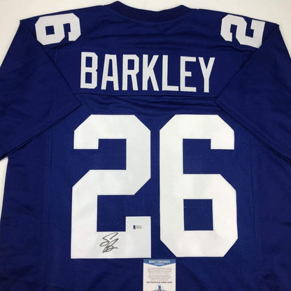 Autographed/Signed Saquon Barkley New York Blue Football Jersey Beckett BAS COA