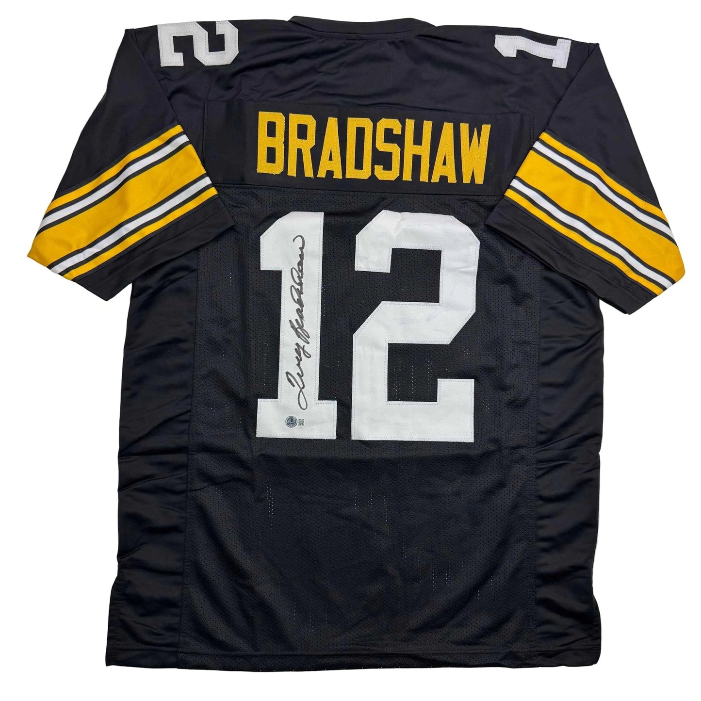 Autographed/Signed Terry Bradshaw Pittsburgh Black Football Jersey Beckett BAS COA