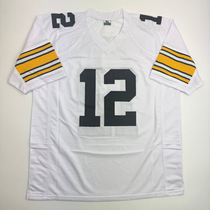 Autographed/Signed Terry Bradshaw Pittsburgh White Football Jersey Beckett BAS COA