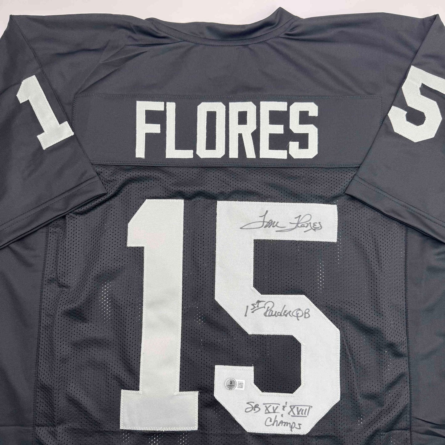 Autographed/Signed Tom Flores Las Vegas Oakland Black Football Jersey Beckett BAS COA