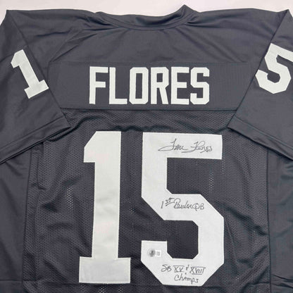 Autographed/Signed Tom Flores Las Vegas Oakland Black Football Jersey Beckett BAS COA