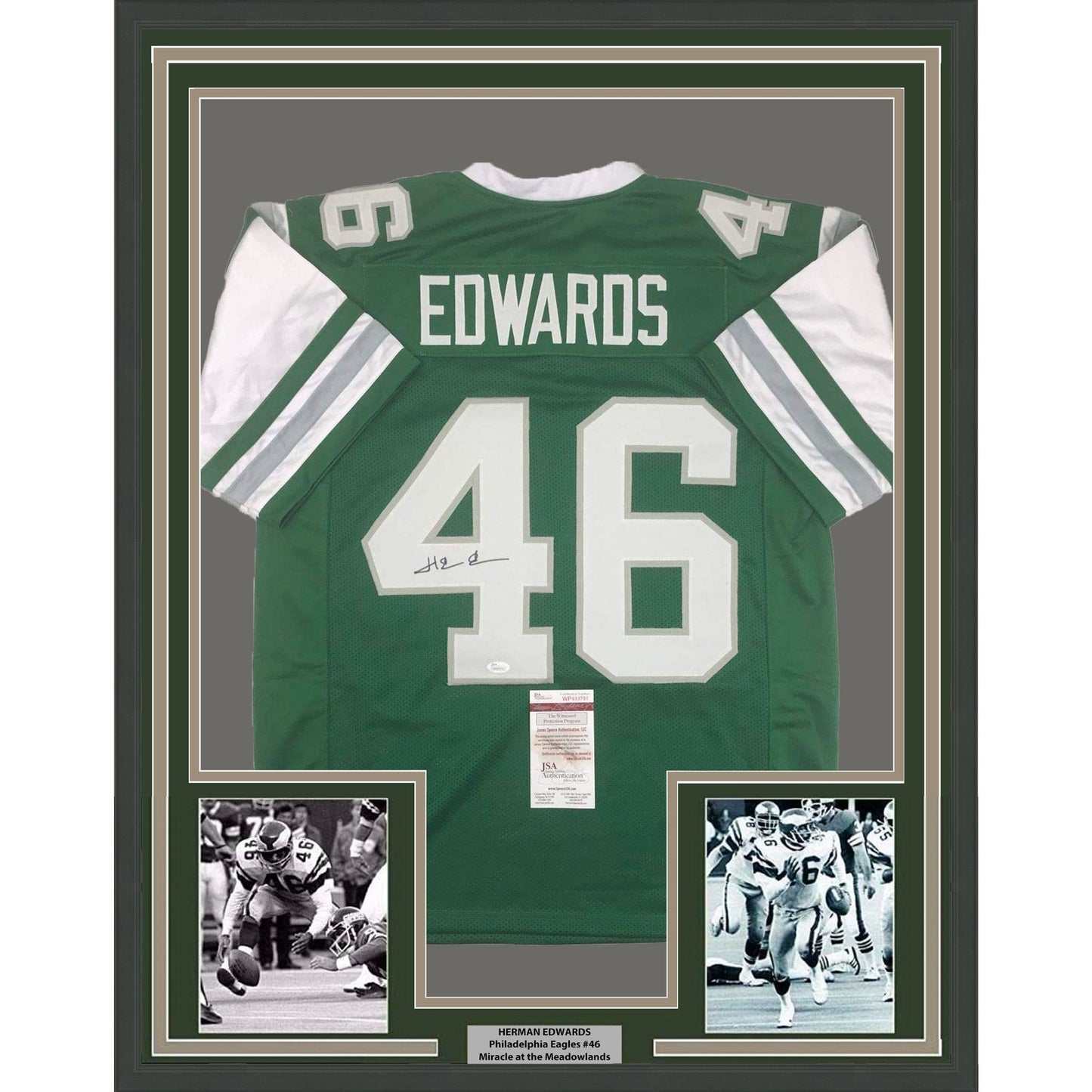 Framed Autographed/Signed Herman Herm Edwards 35x39 Philadelphia Green Football Jersey JSA COA