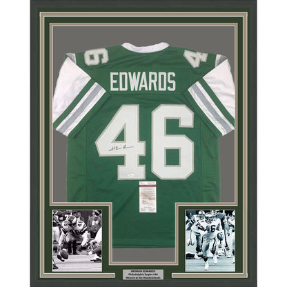 Framed Autographed/Signed Herman Herm Edwards 35x39 Philadelphia Green Football Jersey JSA COA